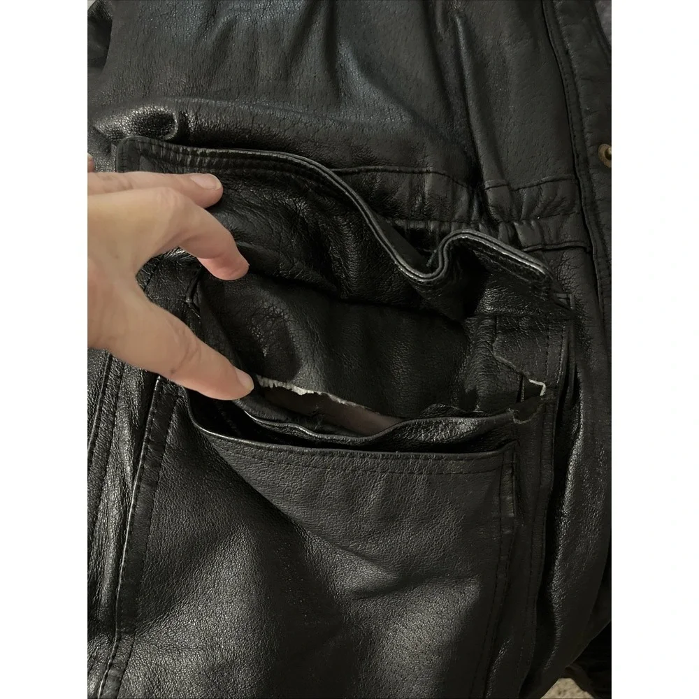 Stratojac Black Leather Jacket Long Heavy Lined Men's Winter Coat Sz XXL‎
